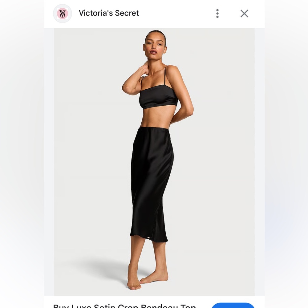 Victoria's Secret Black Luxe Satin Crop Bandeau Top & Slip Skirt Set